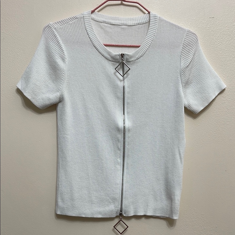 White Short Sleeve Zip-Up Top